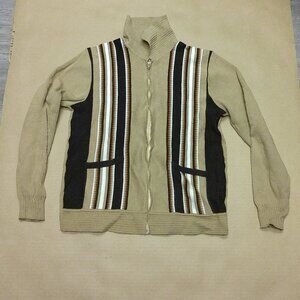 Vintage 70s Knit Zip Sweater Jacket | Tan Brown Striped Three Star Zipper Small